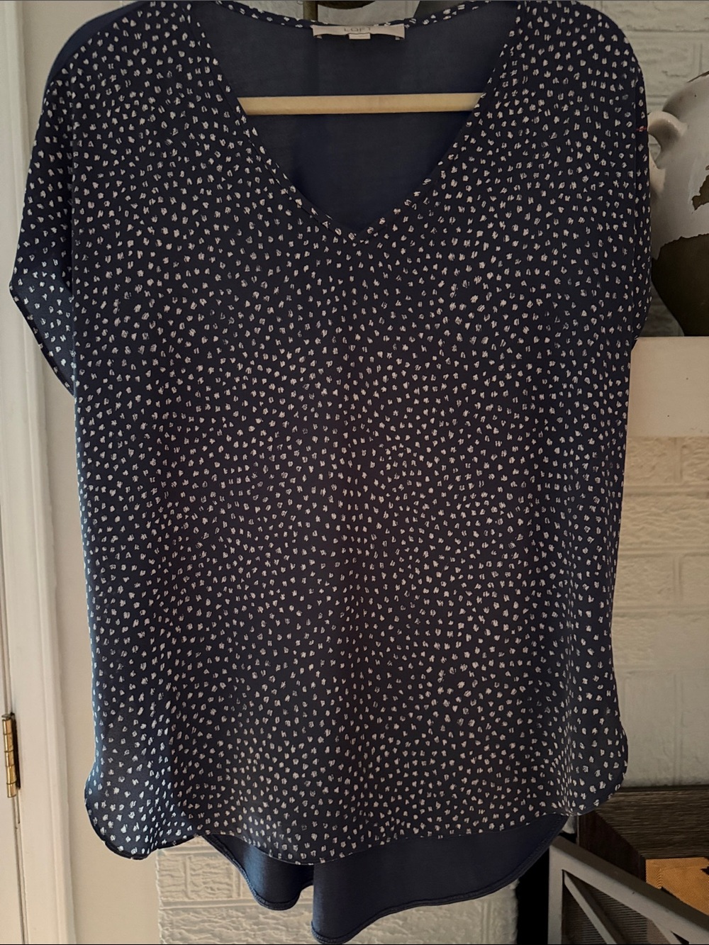 CUTE LOFT dark blue  V-Neck Short Sleeve Blouse with White Micro Dot Print